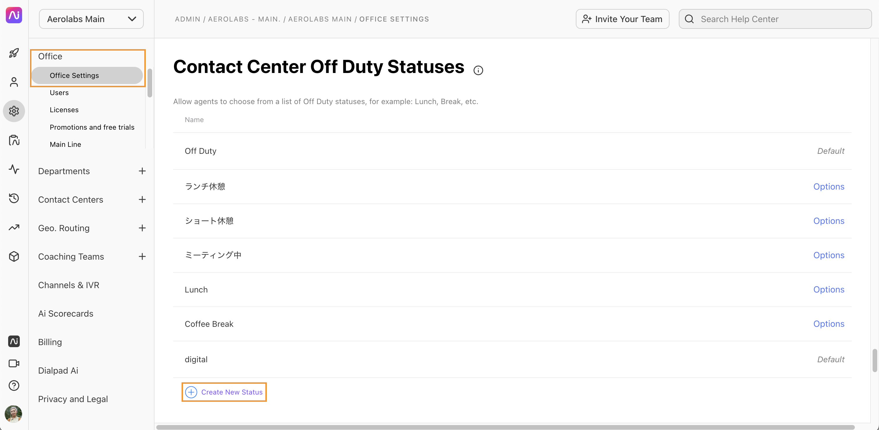 Settings page for contact center off duty statuses with options to create new status.